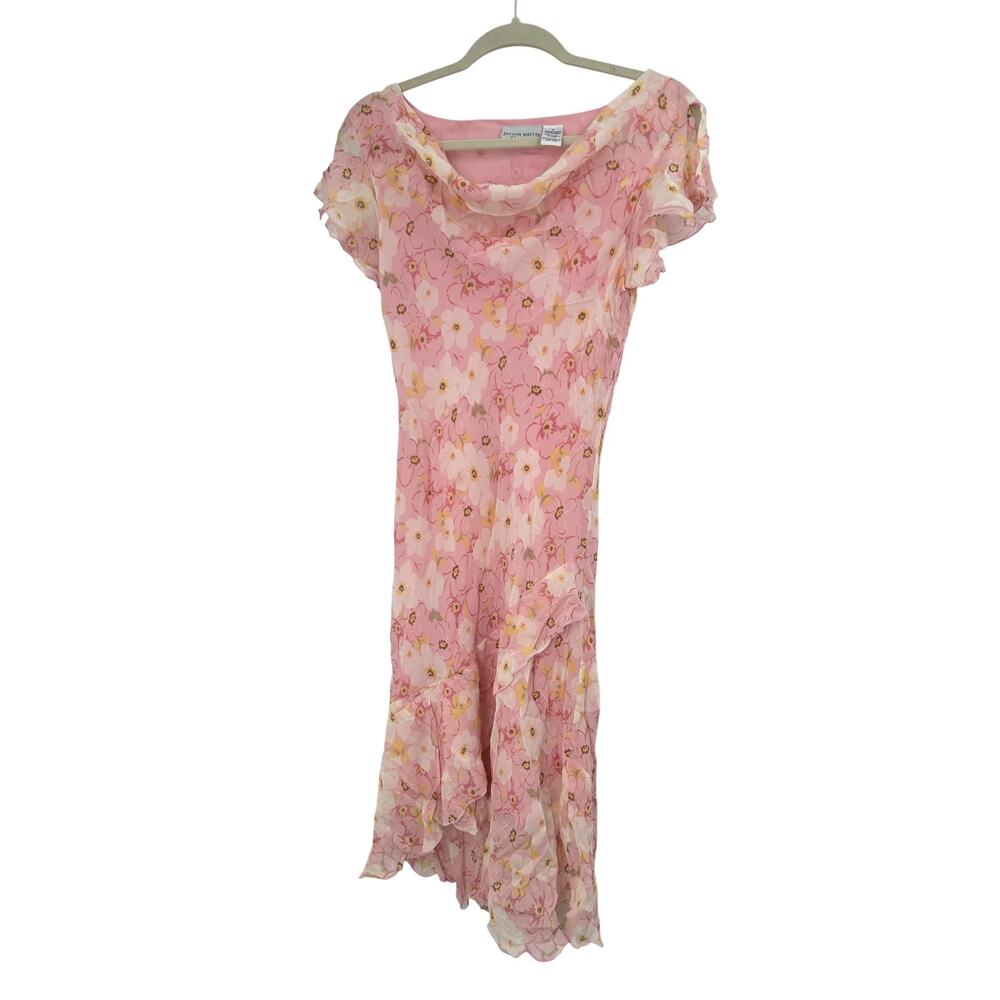 VTG JACLYN SMITH SZ 8 SILK Y2K FLORAL FAIRY DRAPPED NECK LINE RUFFLE MIDI DRESS